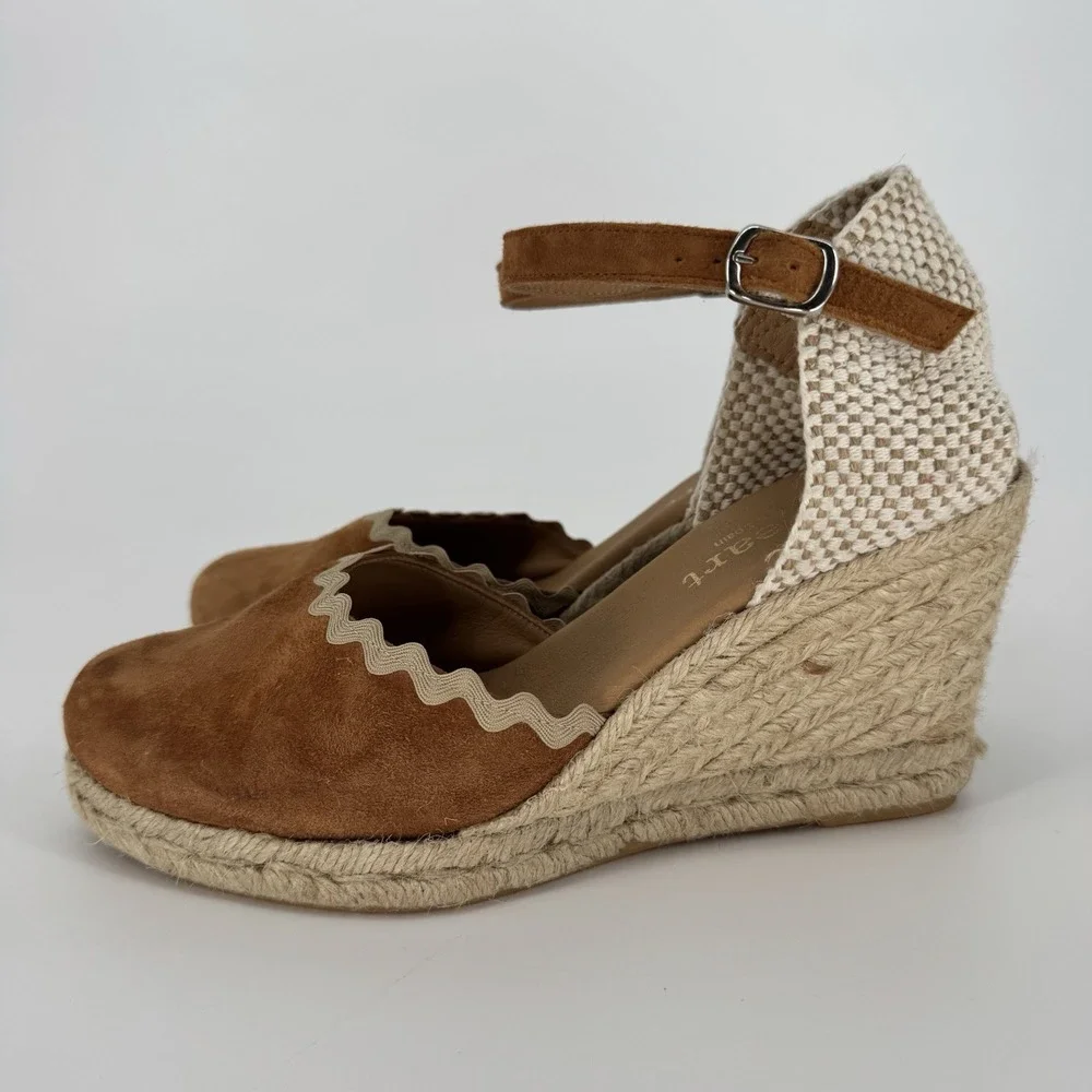 PASEART Spain Camel Suede Wedge Espadrilles Scalloped Boho EU‎ 39 US 8/8.5